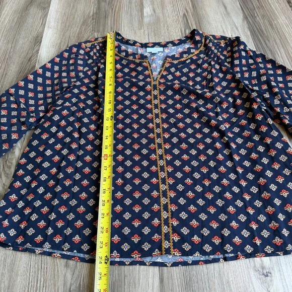 J. Jill Petite Navy Blue Geometric Tile Print Embroidered Split Neck Blouse L P - Picture 5 of 7